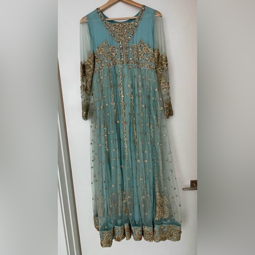 Pakistani Designer Embellished Blue and Gold Gown - Small/Medium